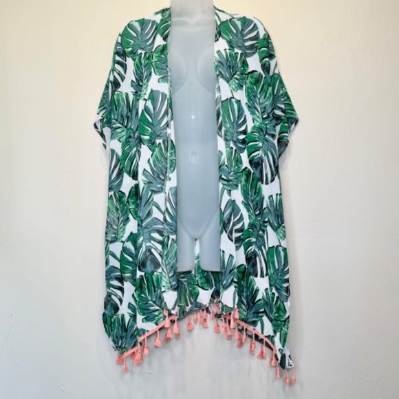 Monstera Palm Print Tropical Botanical Pattern Tassel Sheer Open Front Kimono - Picture 3 of 11